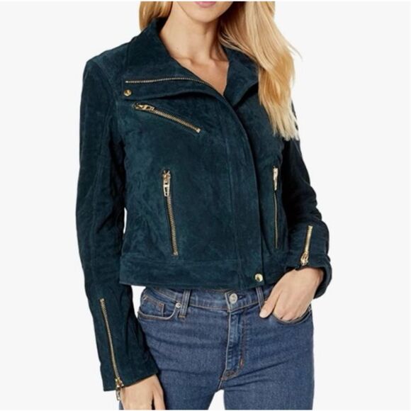 Anthro Blank NYC Suede Galactic Teal Cropped Moto Jacket SZ S Gold Tone Hardware - Picture 1 of 11